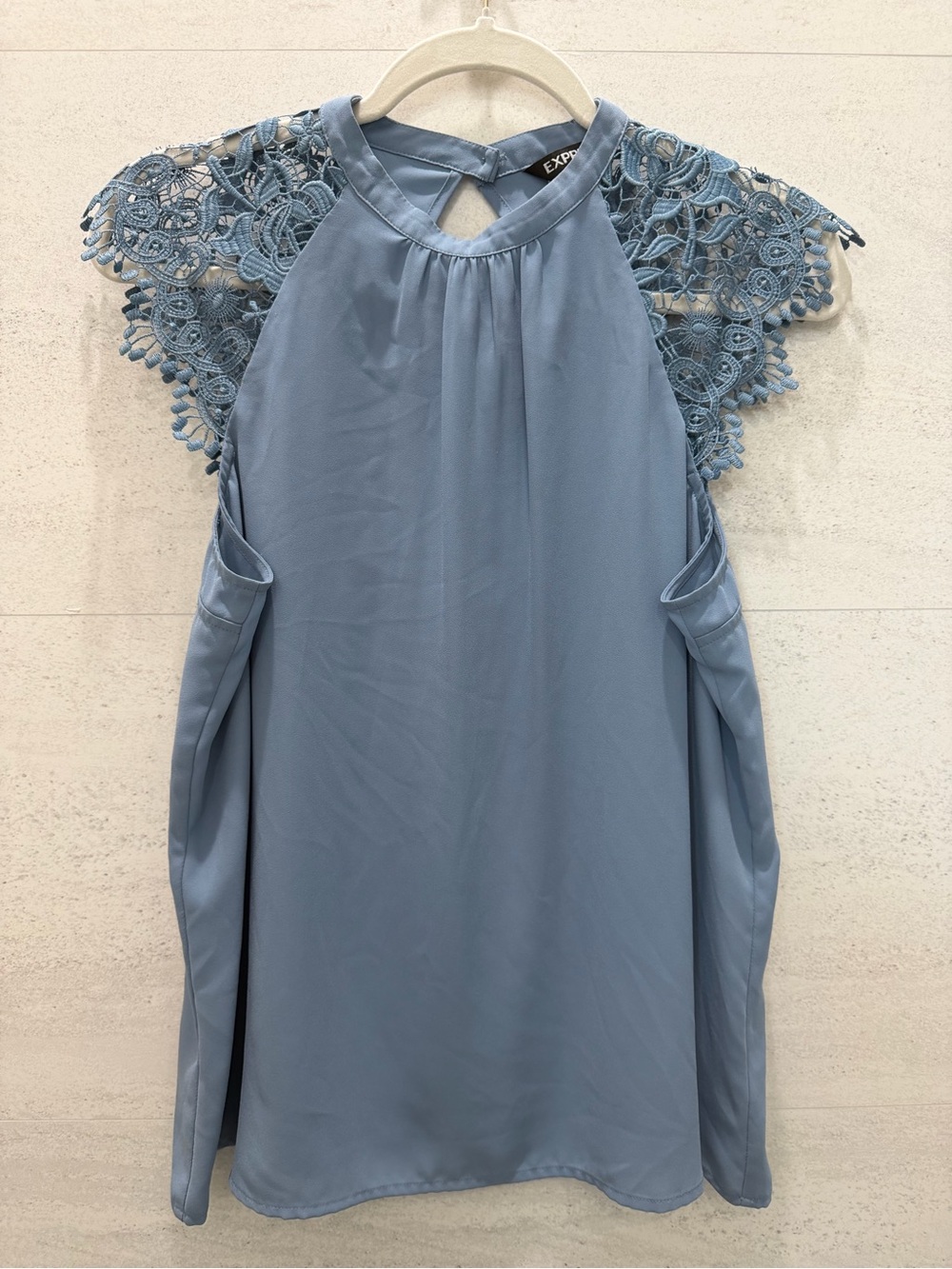 Express Dusty Blue Lace Cap-Sleeve Halter Blouse